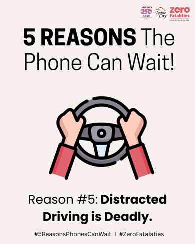 Two hands grasping a steering wheel with the words, distracted driving is deadly.